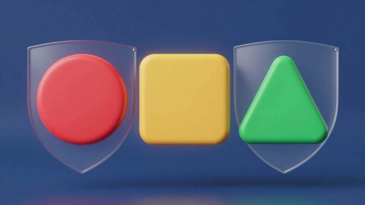 Abstract red, yellow, and green shapes floating in blue space representing safewords.