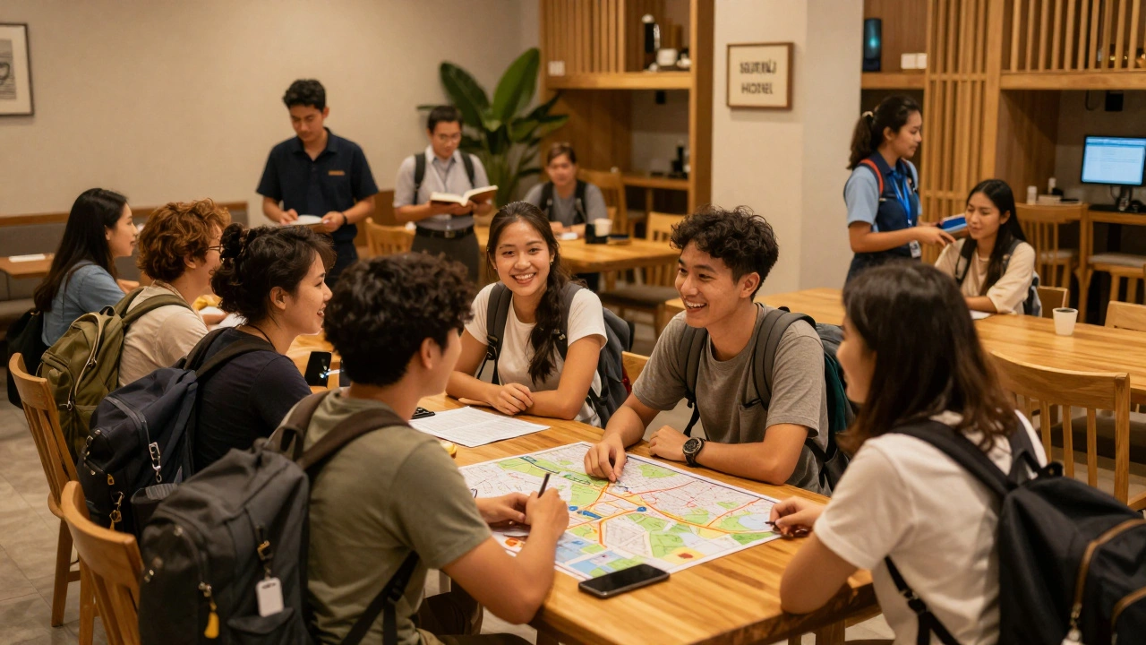 Backpackers socializing in a warm, communal hostel lobby