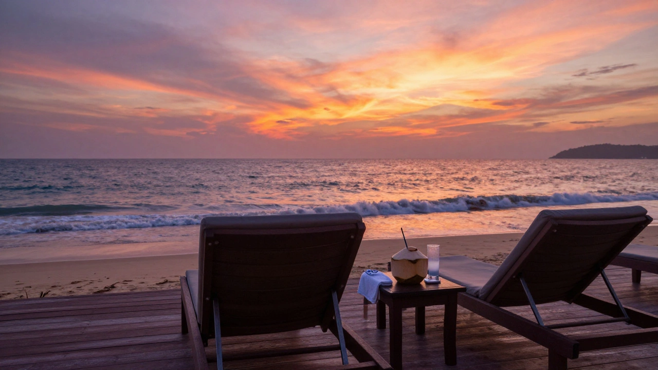 Beachfront wellness deck overlooking ocean at sunset