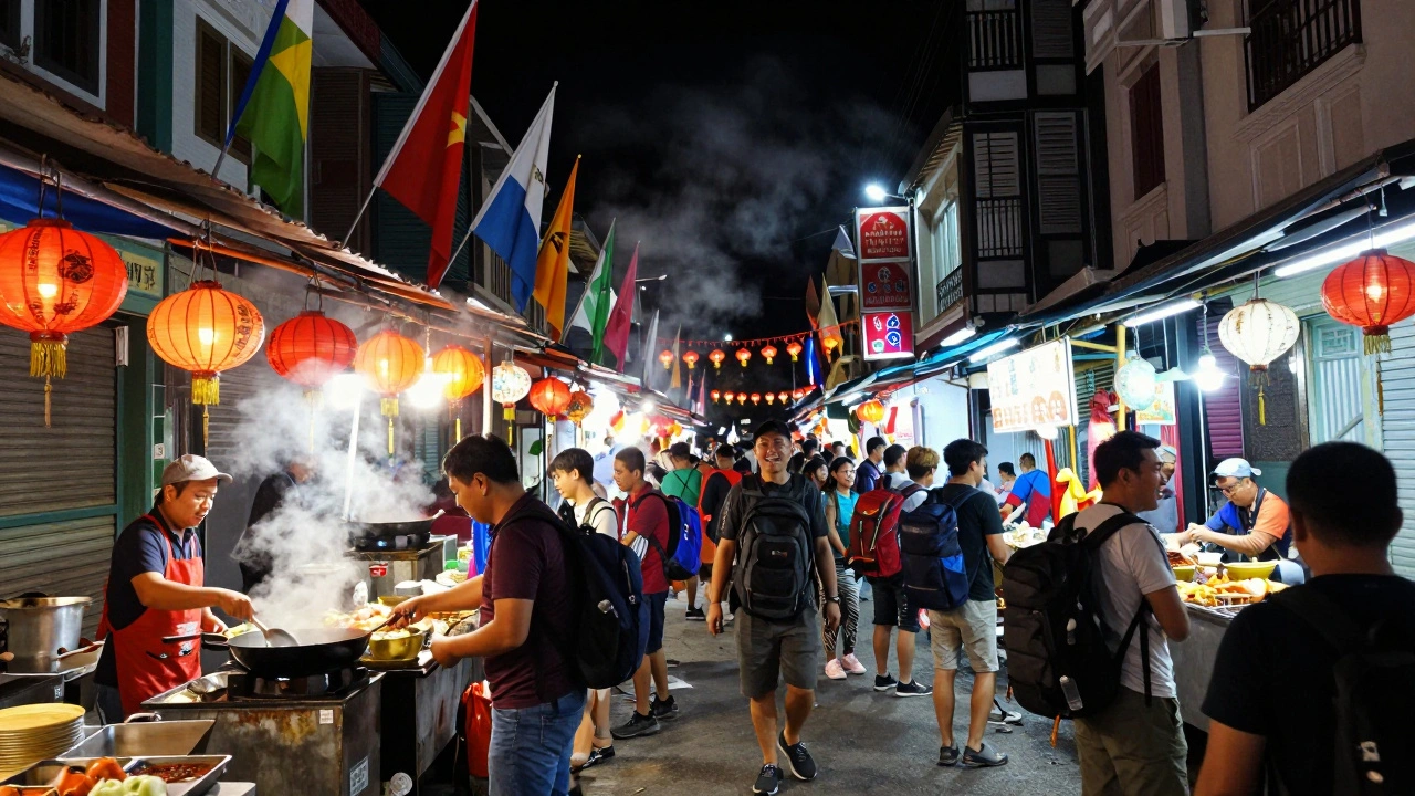 Bustling Khaosan Road street scene with travelers and food stalls