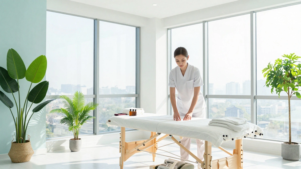 Clean modern wellness center with therapist preparing massage table