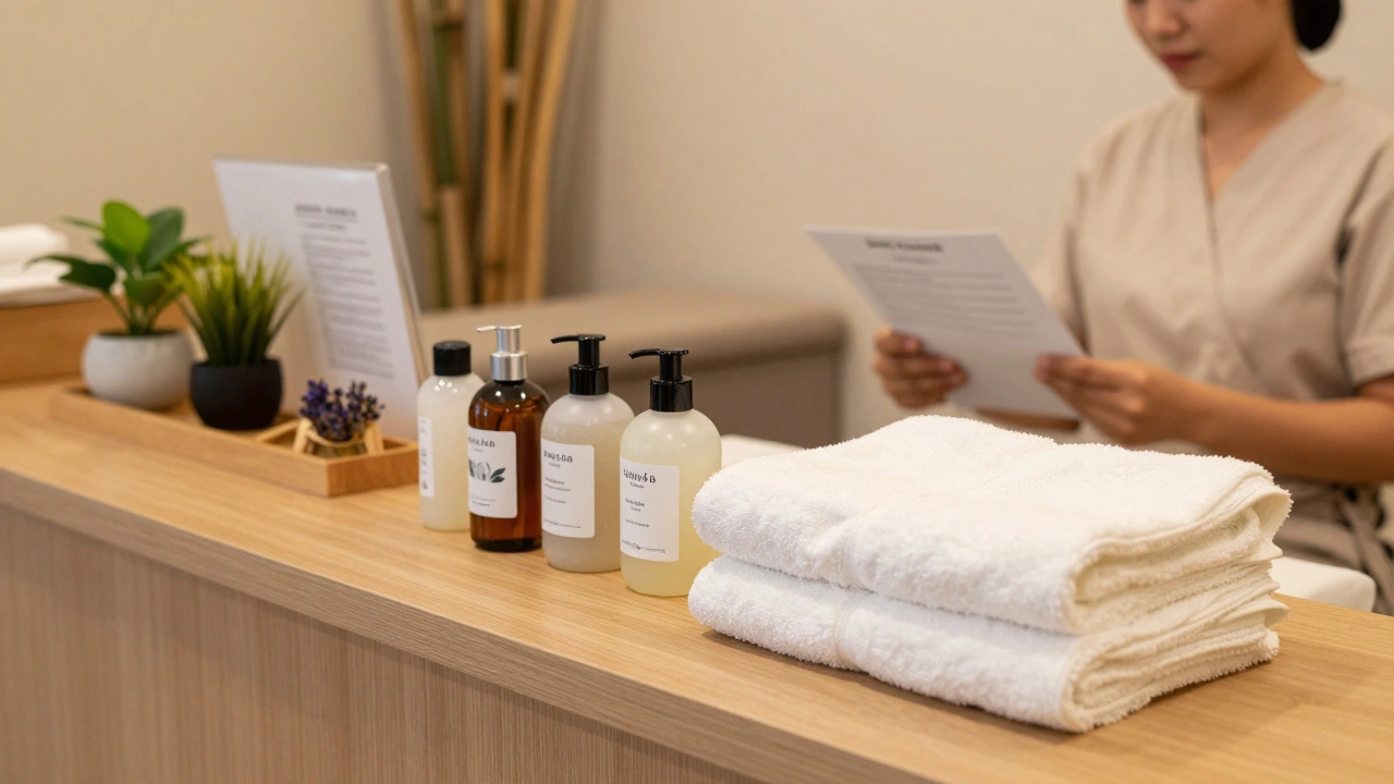 Clean spa reception with towels, soaps, and calming ambiance