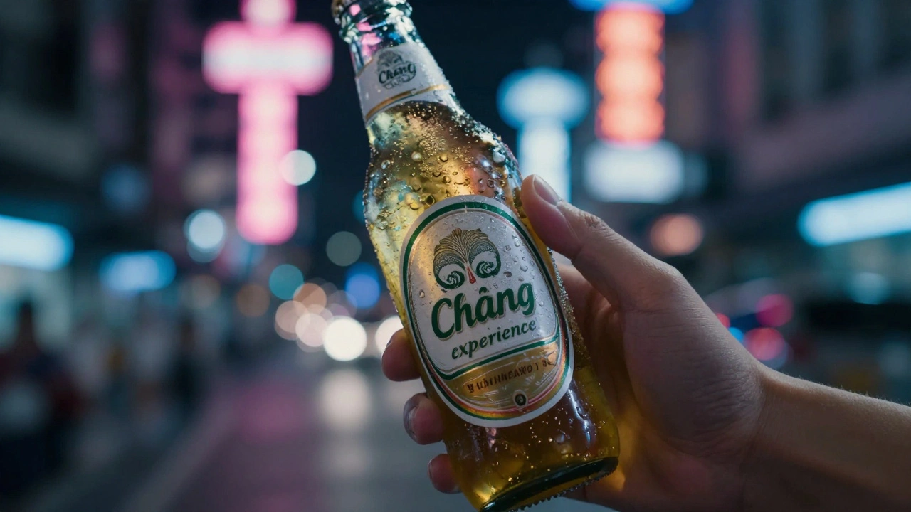 Close-up of a cold beer bottle with blurred neon lights