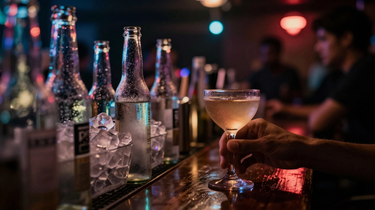 Close-up of drinks and neon lights in a dim bar