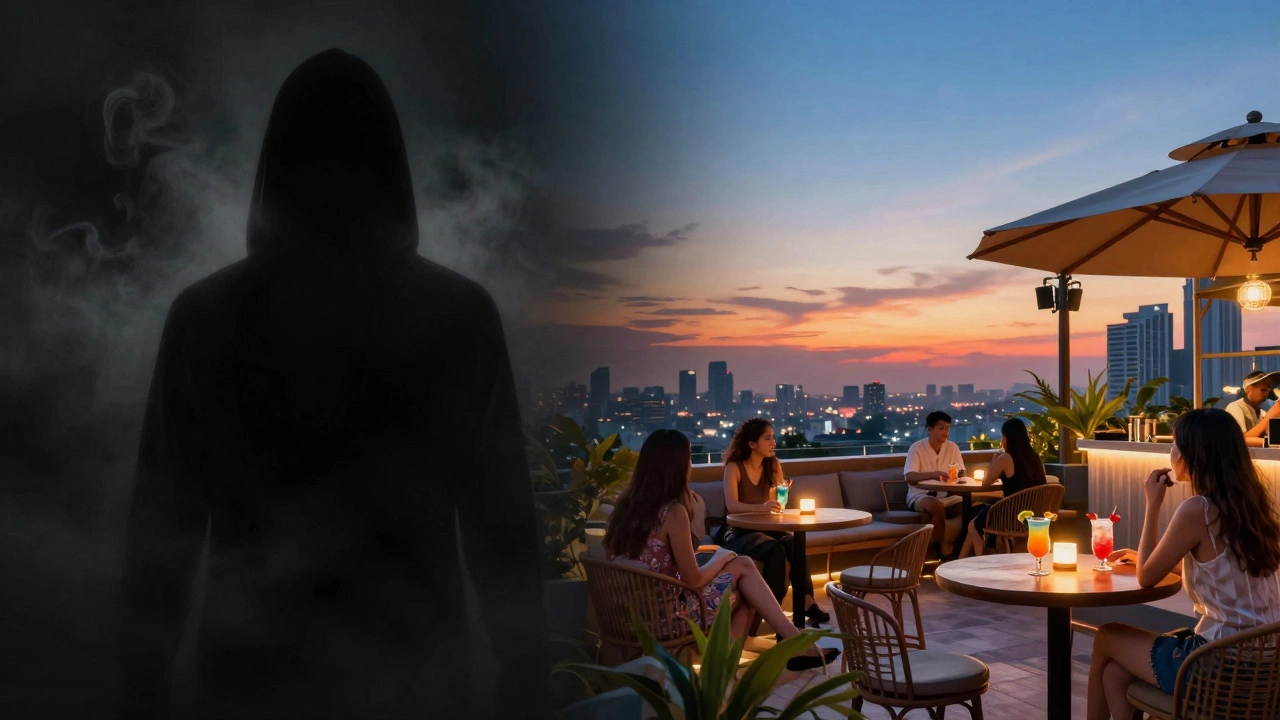 Contrast between dark scam risks and bright safe rooftop lounge