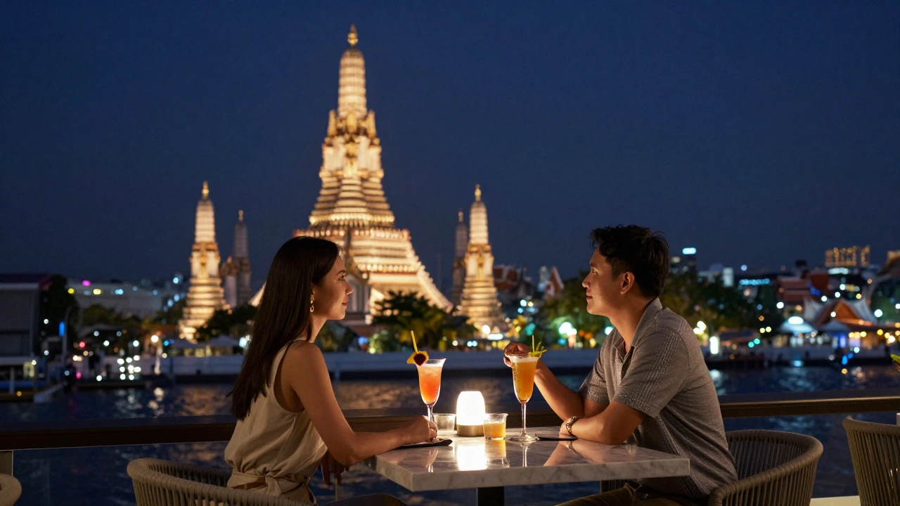 Couple enjoying cocktails at a rooftop bar overlooking Bangkok temples