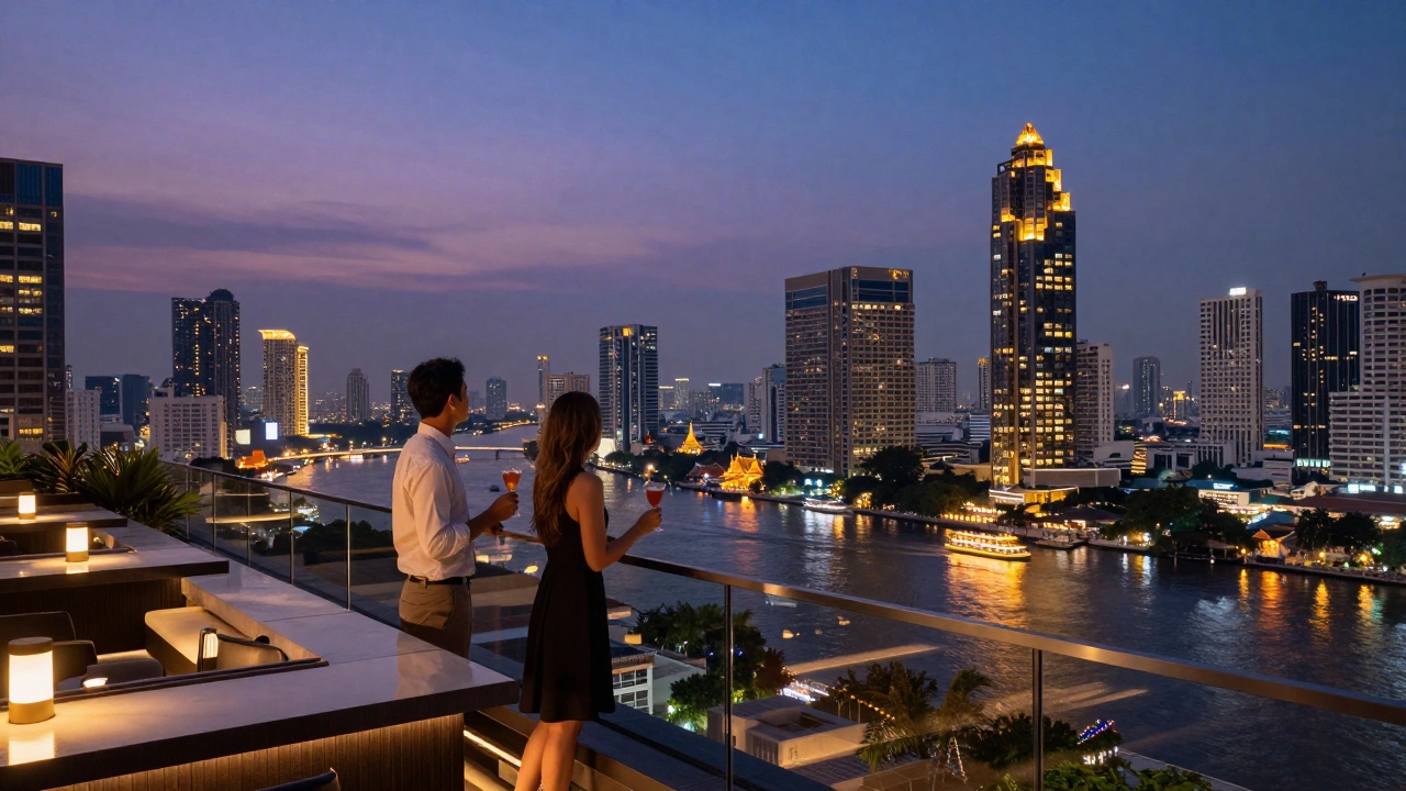 Couple enjoying cocktails at an upscale Bangkok rooftop bar