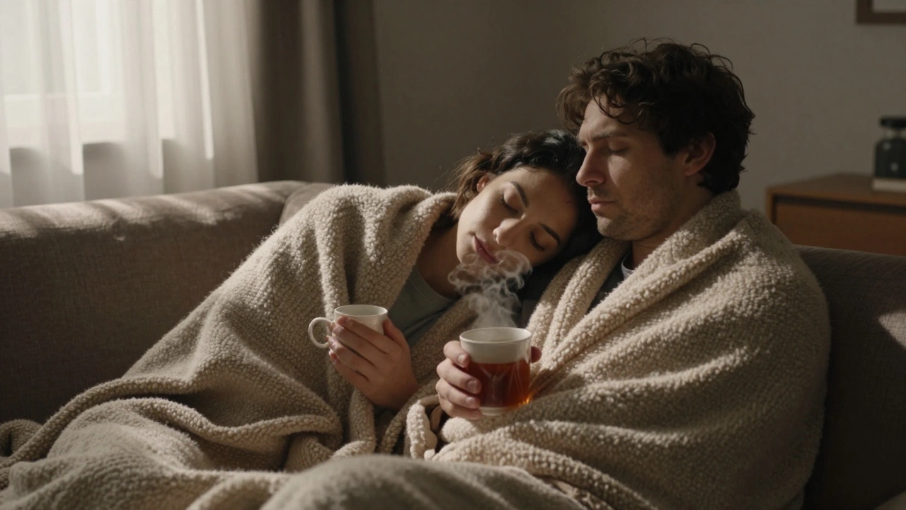 Couple wrapped in warm blankets sharing tea in a cozy, sunlit room for aftercare.