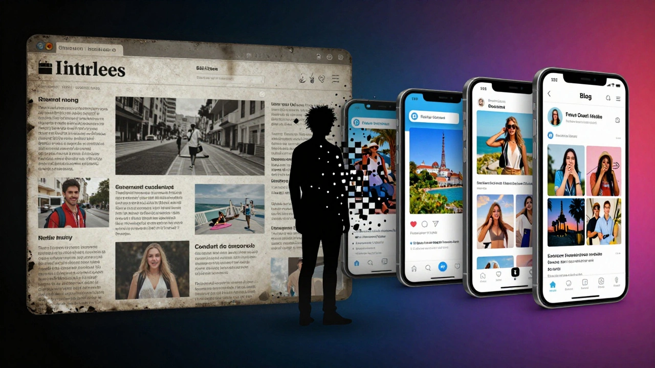 Digital art showing the transition from old blogs to modern social media apps
