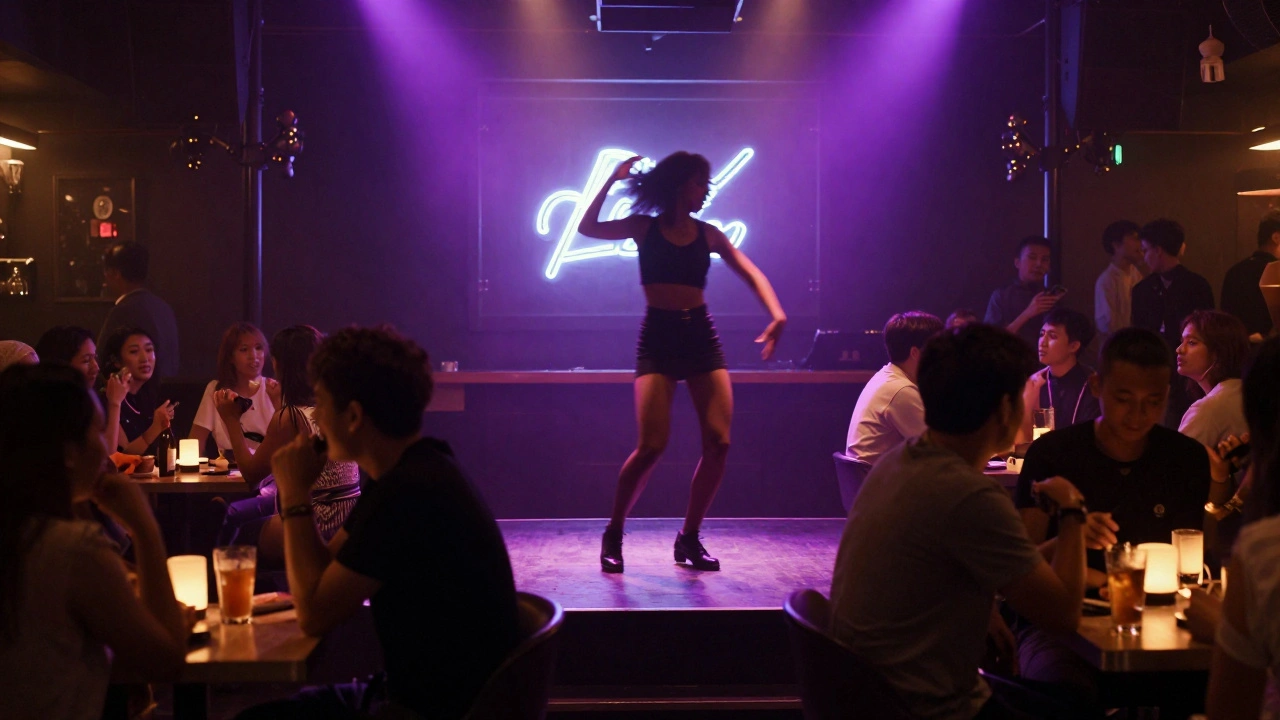 Dimly lit dance bar interior with performer on stage and patrons