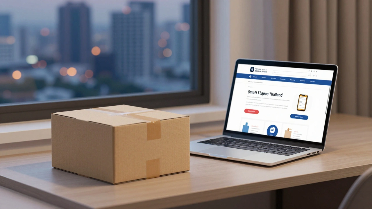Discreet package on a desk with Bangkok city view, symbolizing online shopping