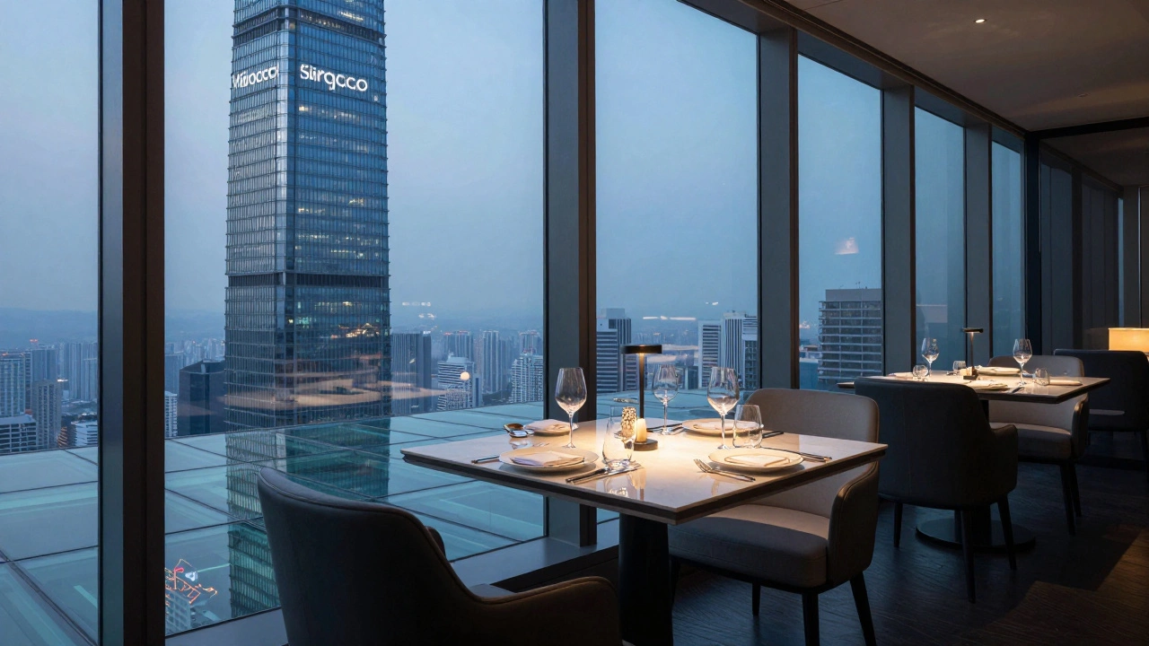 Elegant dining table with high-altitude city views in modern rooftop restaurant