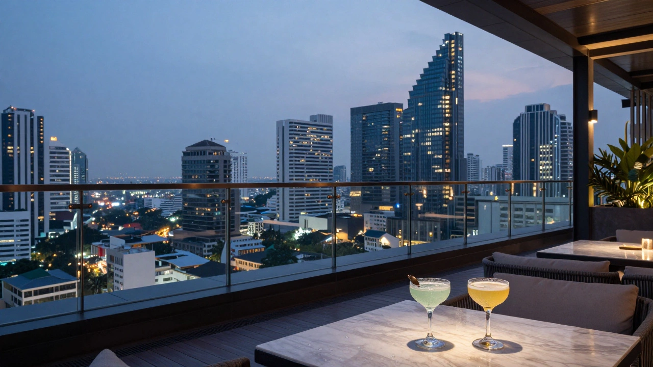 Elegant rooftop bar overlooking Bangkok skyline at dusk
