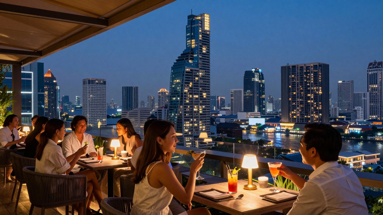 Elegant rooftop bar overlooking Bangkok skyline at sunset