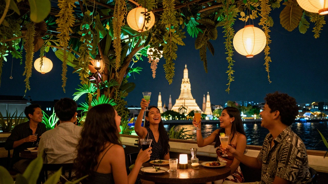 Friends socializing under lanterns and vines at a vibrant Bangkok rooftop bar