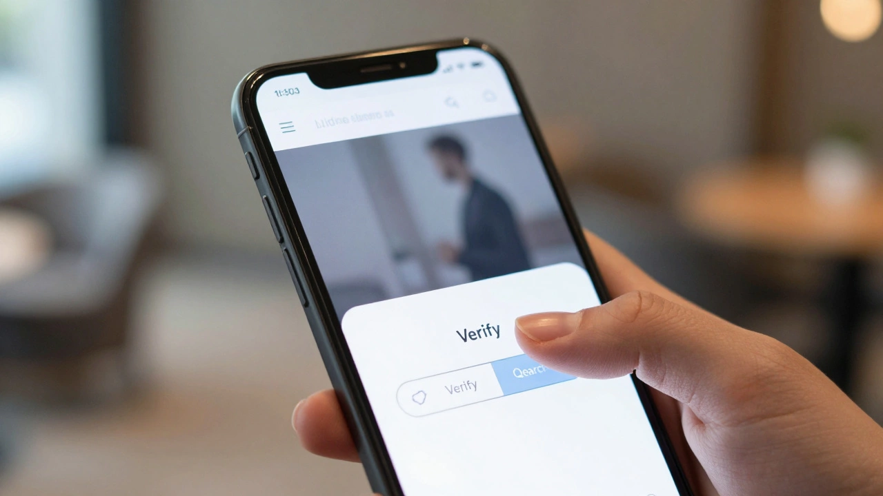 Hand holding smartphone checking online profiles