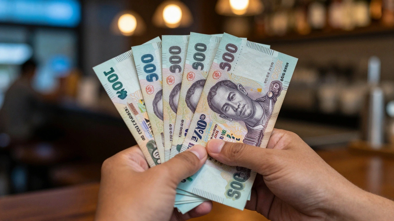 Hand holding Thai Baht cash notes in a dim bar setting