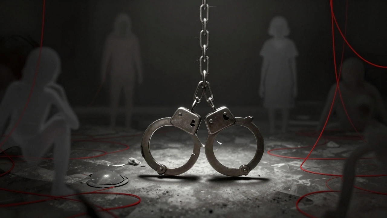 Handcuffs and red threads representing legal risks and human trafficking