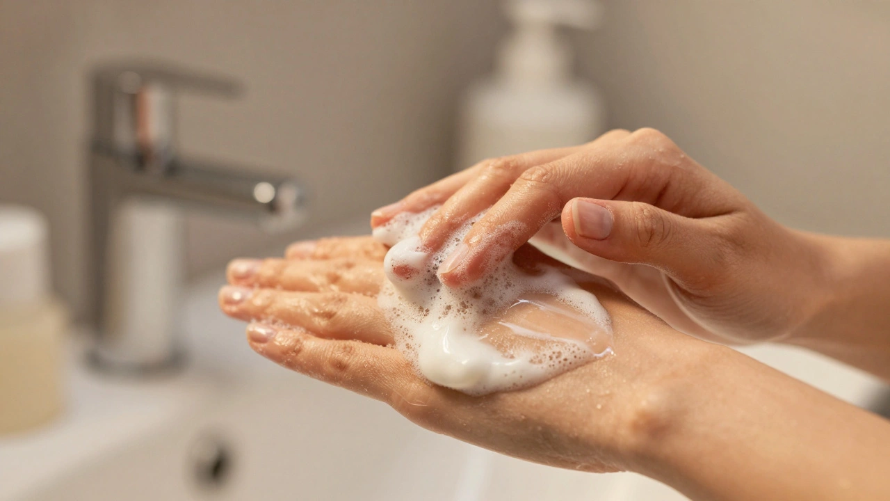 Hands applying therapeutic soap lather for exfoliation