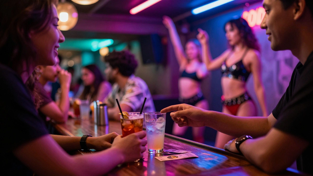 Inside a vibrant Bangkok go-go bar with neon lights
