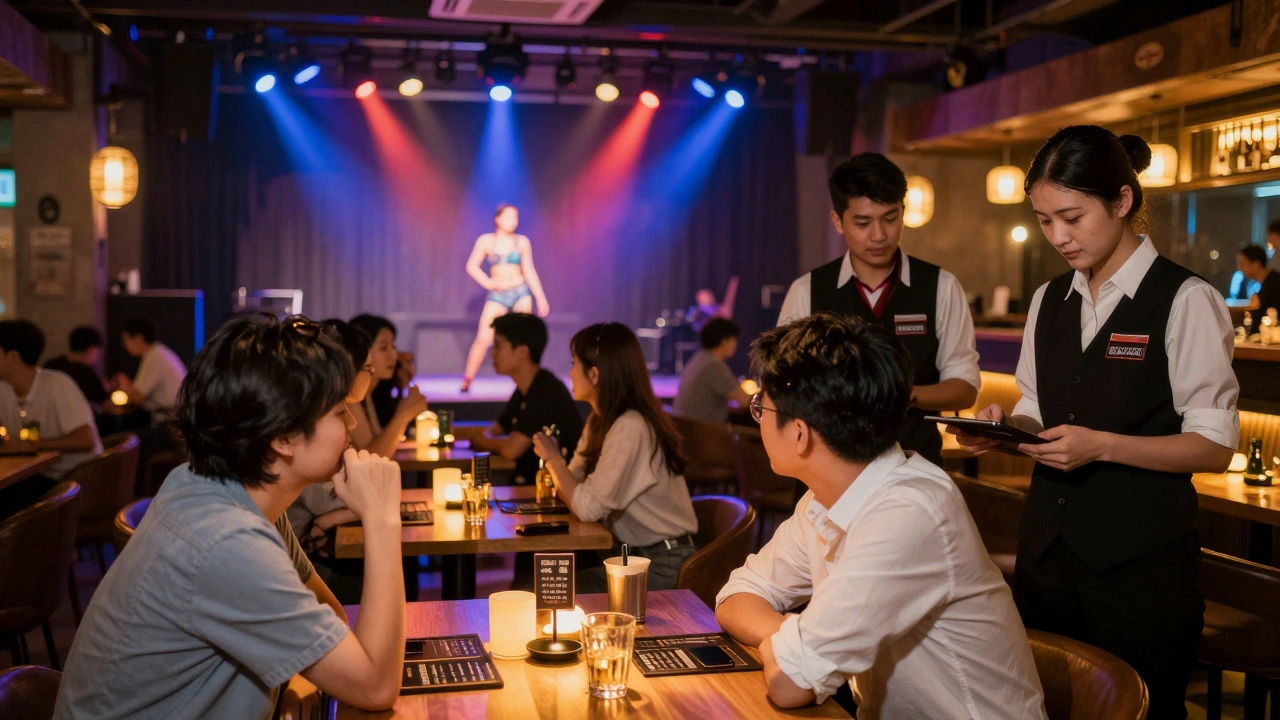 Interior of a Bangkok go-go bar showing dancers and patrons