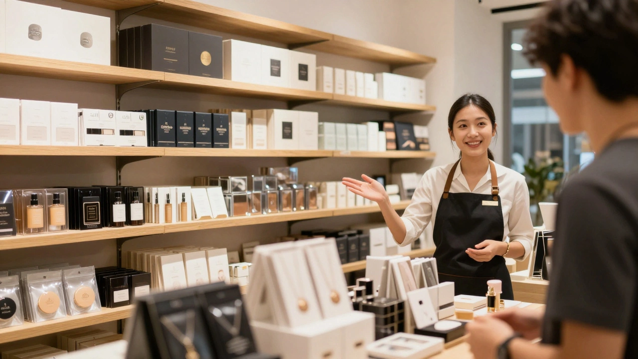 Interior of a clean, upscale adult boutique with staff assisting customers