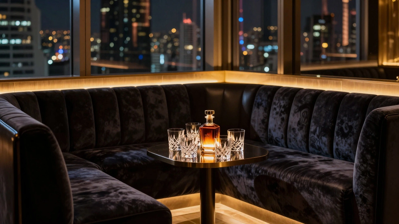 Intimate VIP lounge booth with premium drinks and city view