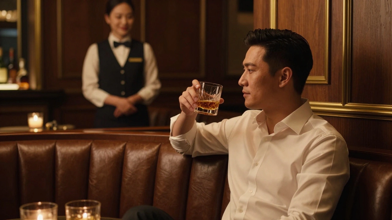 Man relaxing in an upscale, dimly lit lounge interior