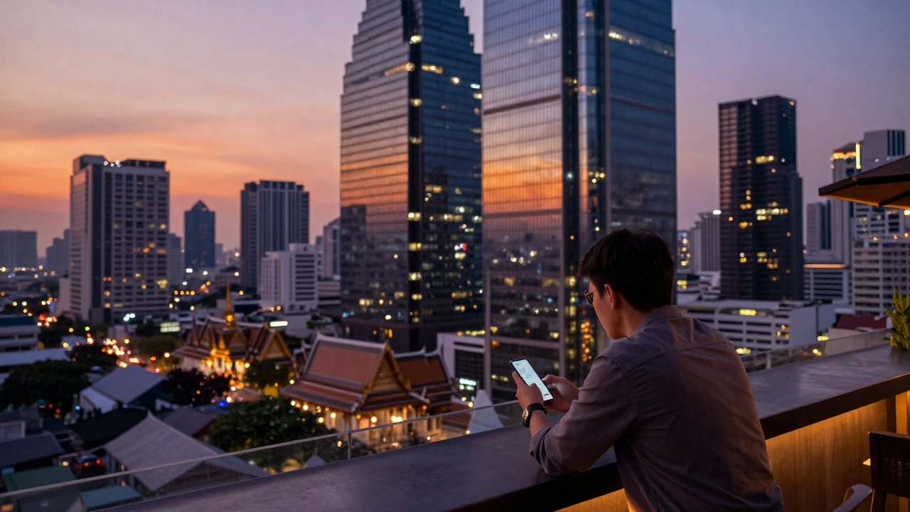 Modern Bangkok skyline at dusk viewed from a luxury rooftop bar