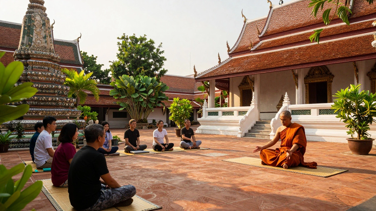Monks teaching traditional Thai massage techniques at a temple