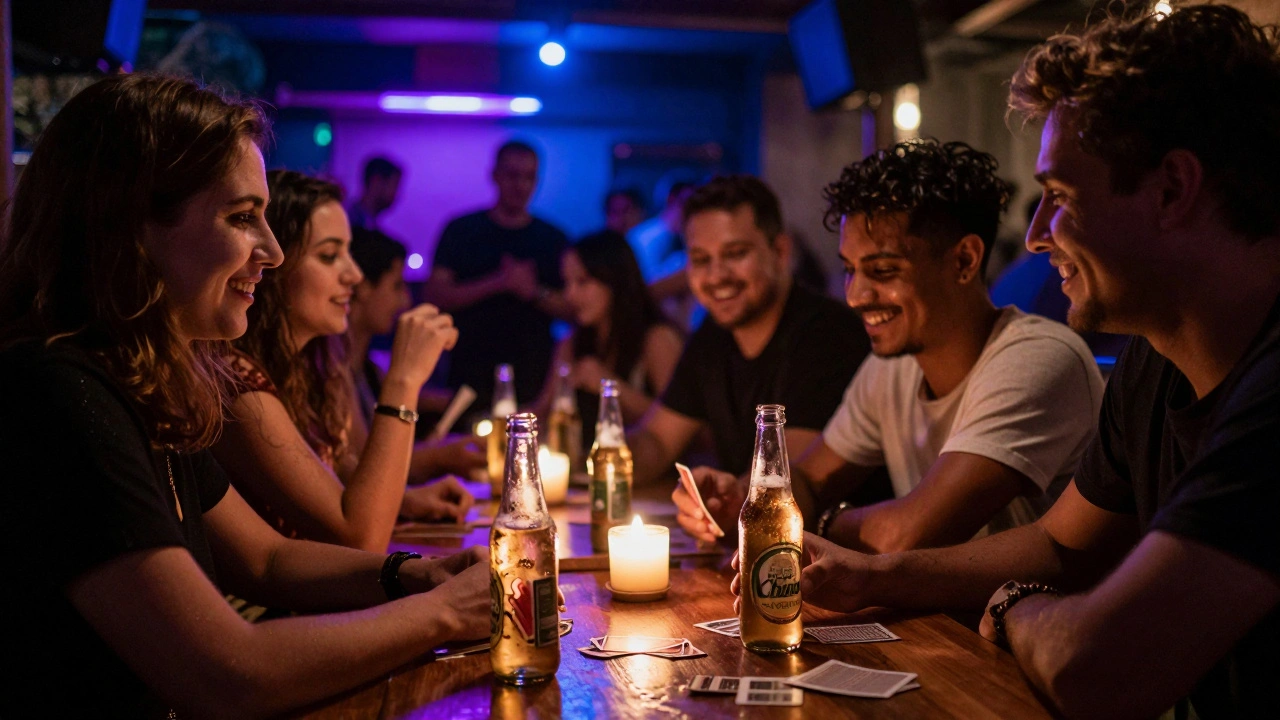 People drinking beer and playing cards in a lively Bangkok bar