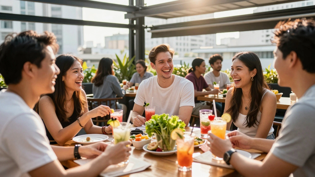 People socializing happily at a sunny Bangkok rooftop venue