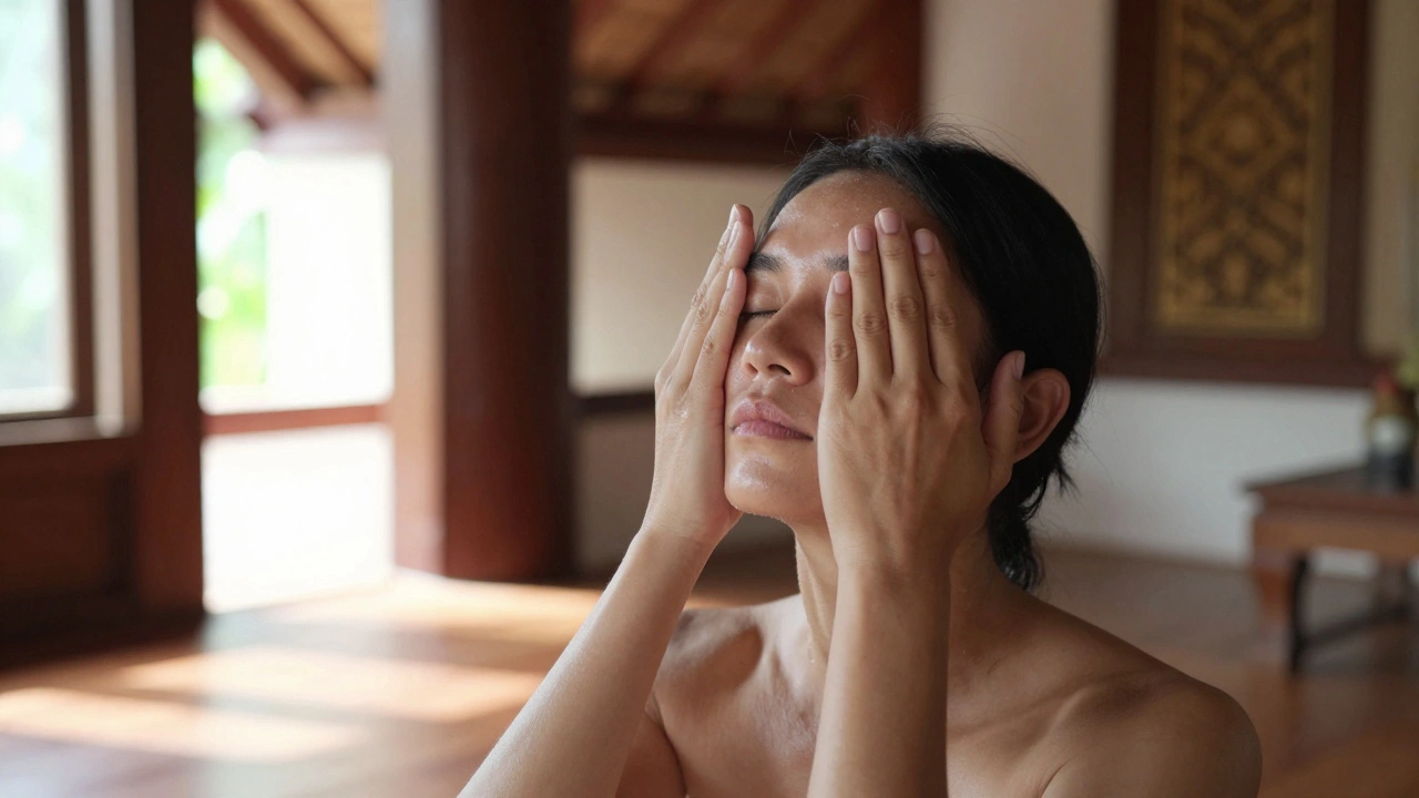 Person practicing self-touch meditation by placing warm hands over their eyes.