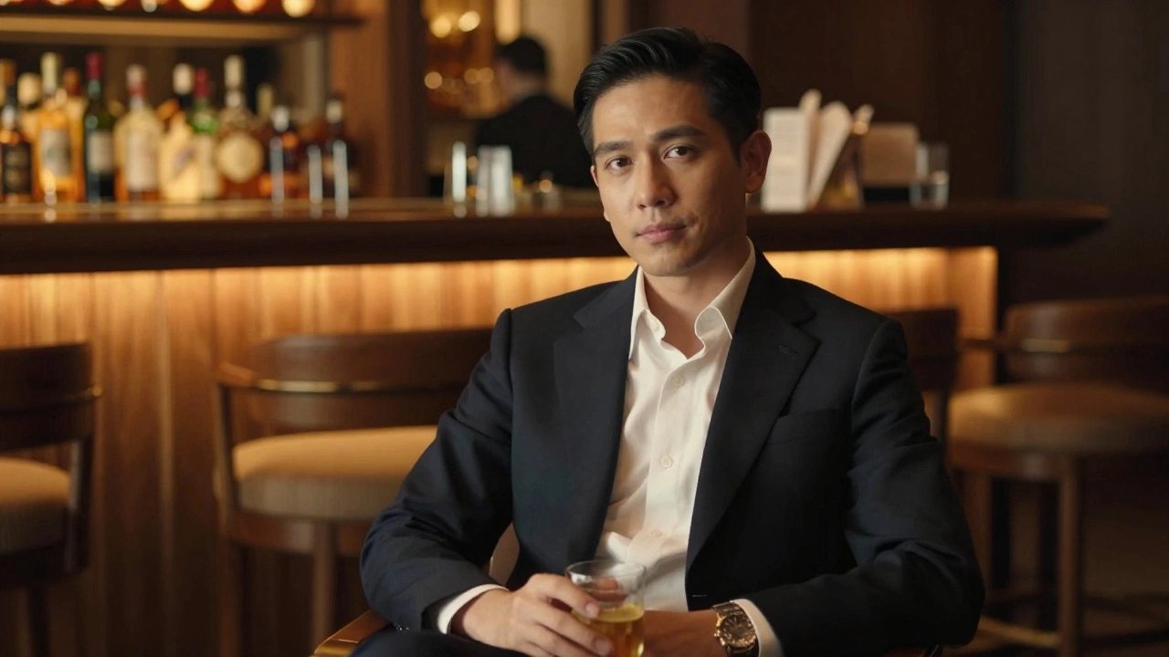 Person sitting calmly in an upscale lounge bar