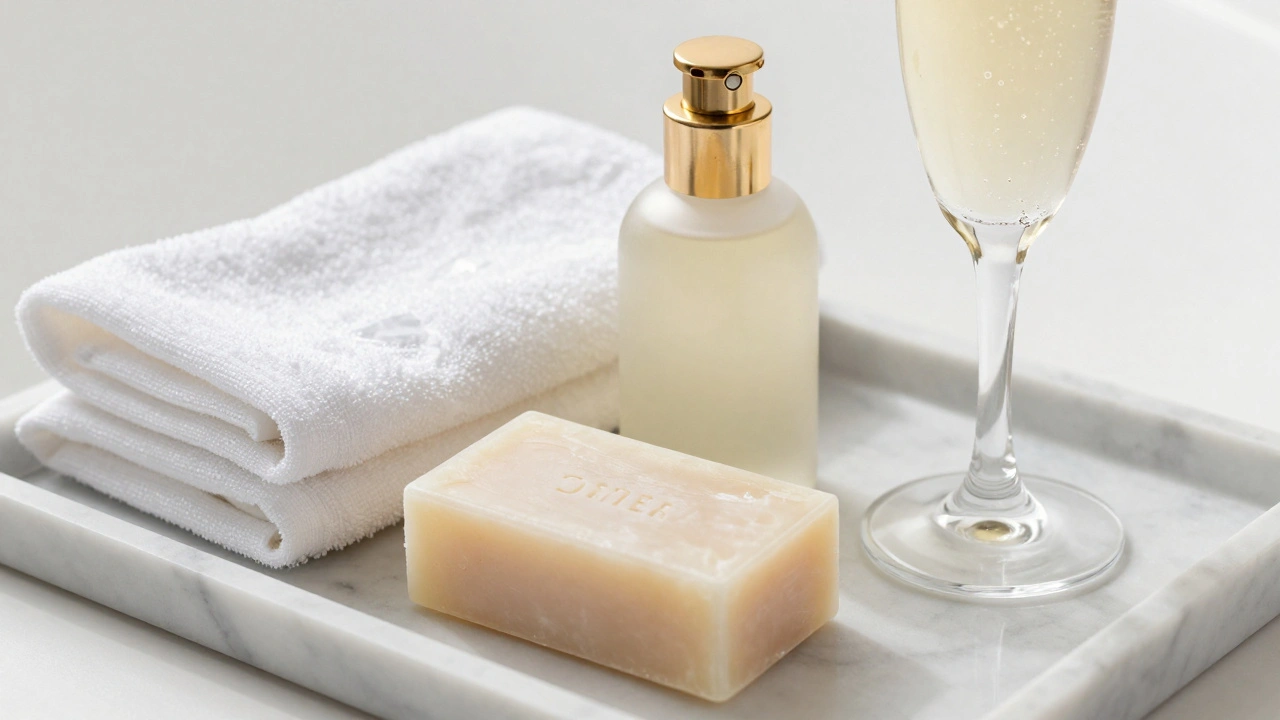 Premium spa amenities including luxury soap, linens, and champagne on marble
