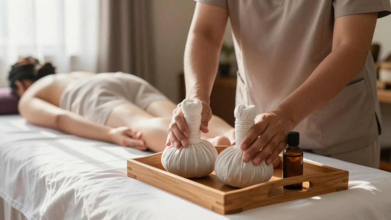Professional therapist preparing herbal compresses in clean spa