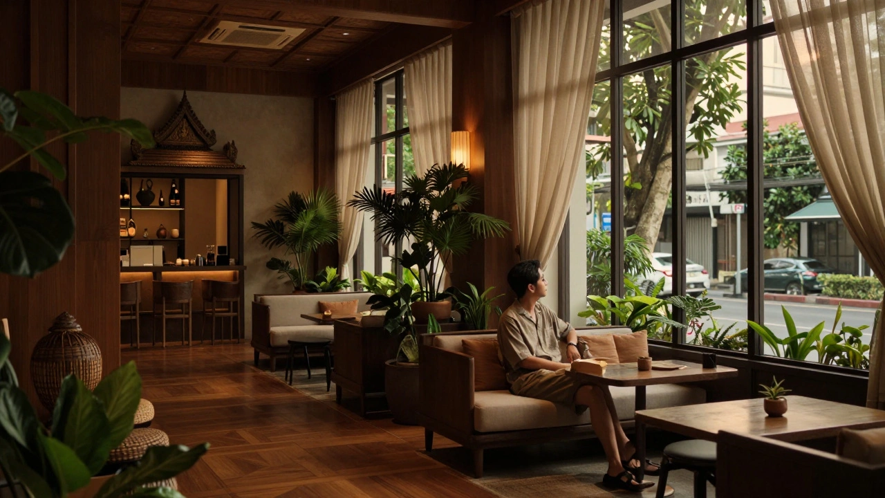 Serene boutique hotel lobby with Thai-inspired modern decor