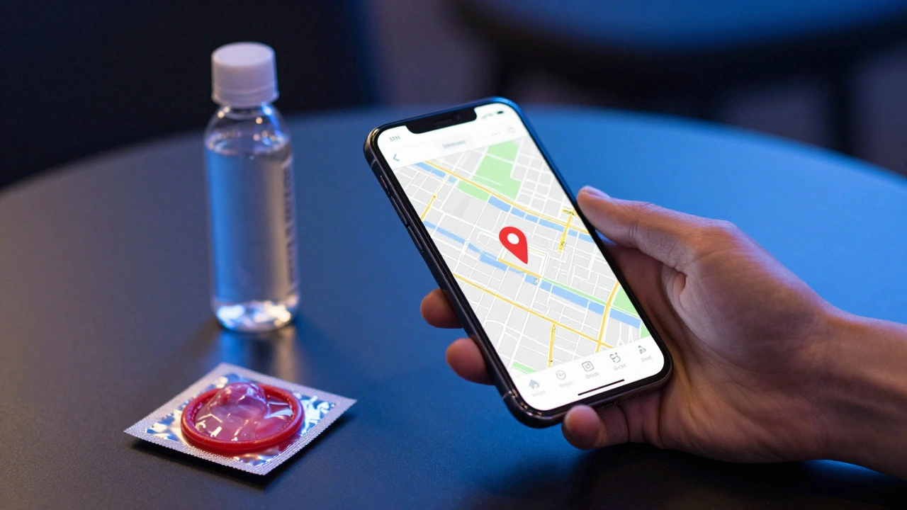 Smartphone map, water, and safety items on a table