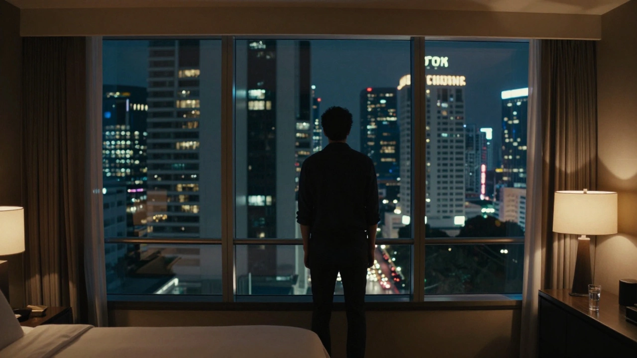 Solitary figure in a hotel room overlooking Bangkok skyline