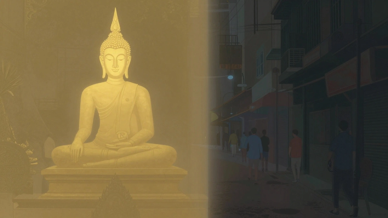 Split image showing temple and dark alley symbolizing legal gray areas