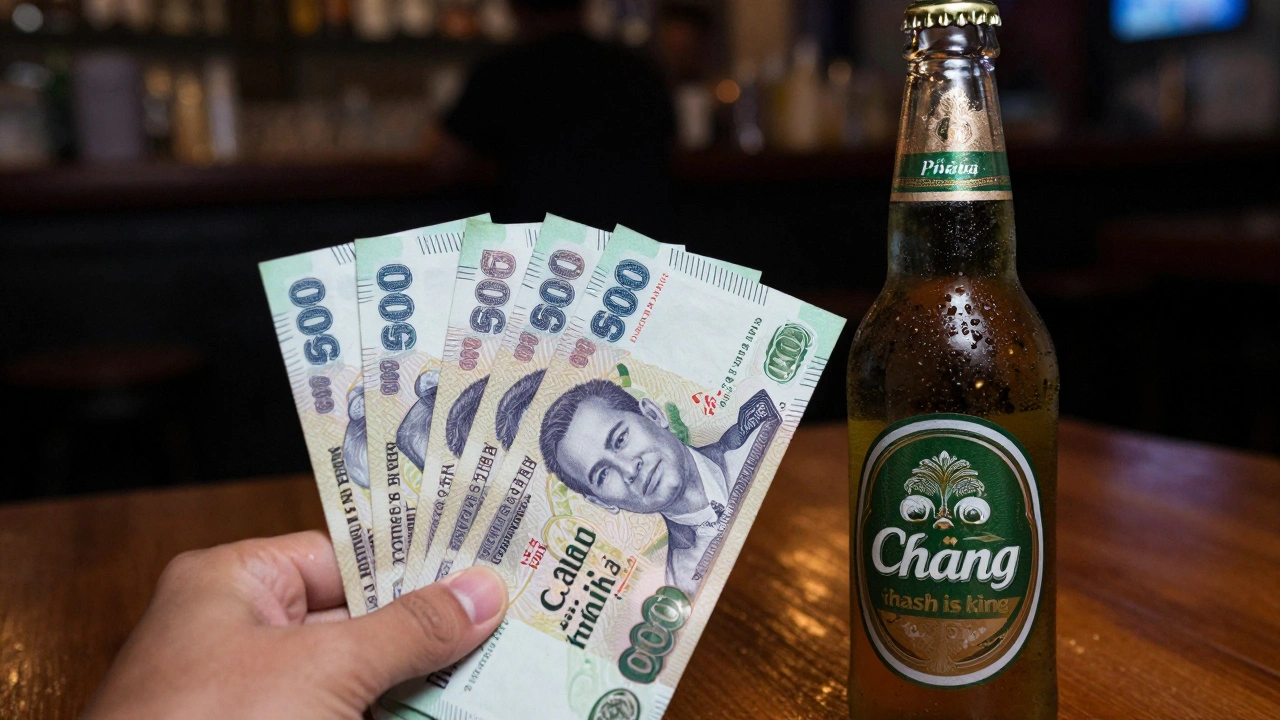 Thai Baht cash and beer bottle on a dark bar table