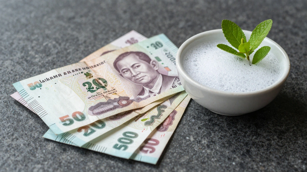 Thai Baht notes next to bath bubbles and lemongrass