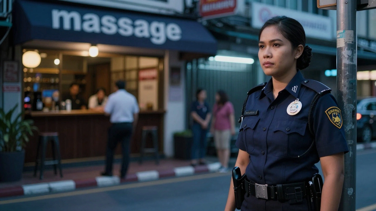Thai police officer near nightlife district symbolizing legal regulations