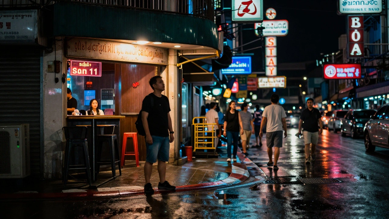 Tourist standing cautiously near neon-lit Bangkok nightlife district