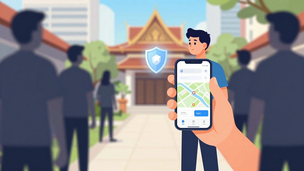 Tourist using a phone app to find safe, legitimate spas