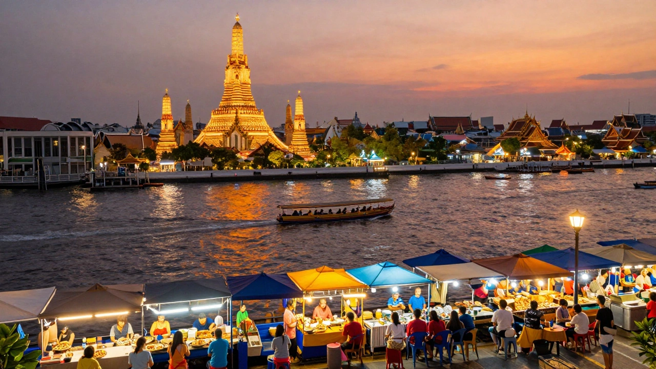 Tourists enjoying safe river cruise and street food in Bangkok