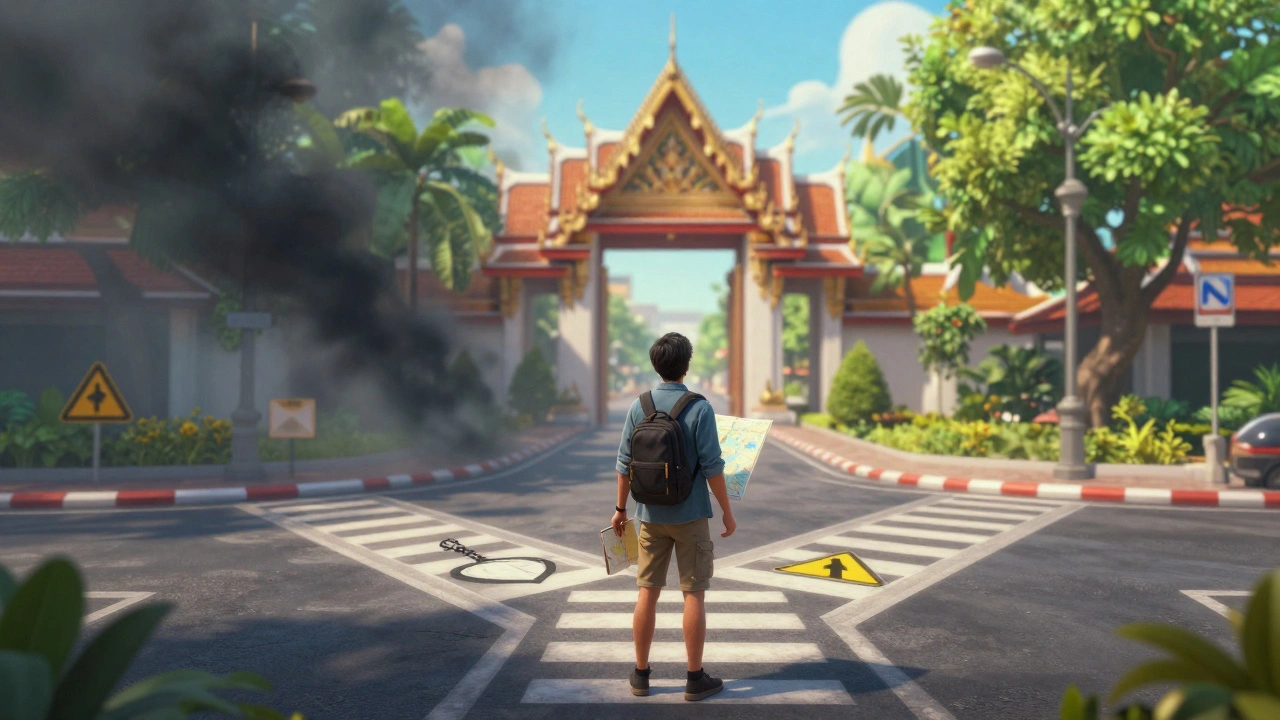 Traveler choosing safe path near temple over dangerous alley