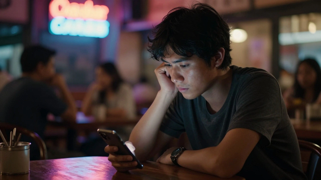 Traveler contemplating options in a dimly lit Thai bar