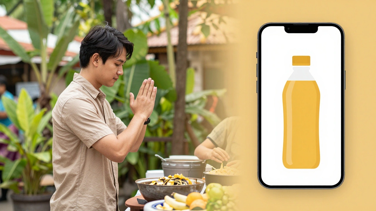Traveler greeting local vendor respectfully in sunny Bangkok