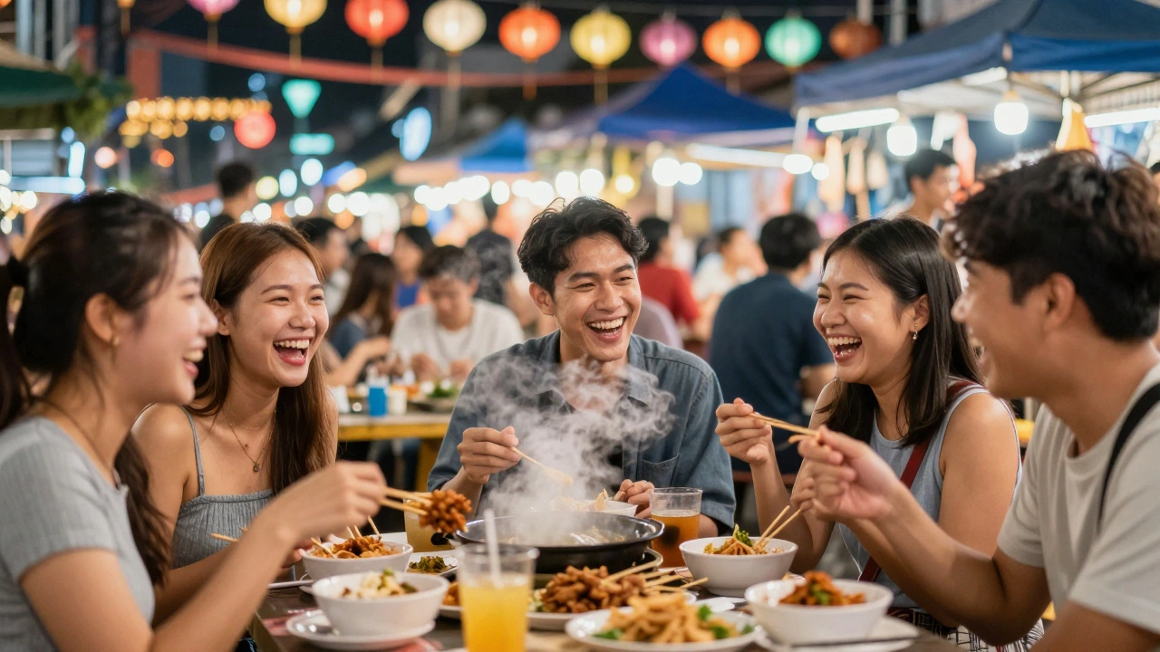 Travelers enjoying street food together at a lively Bangkok night market